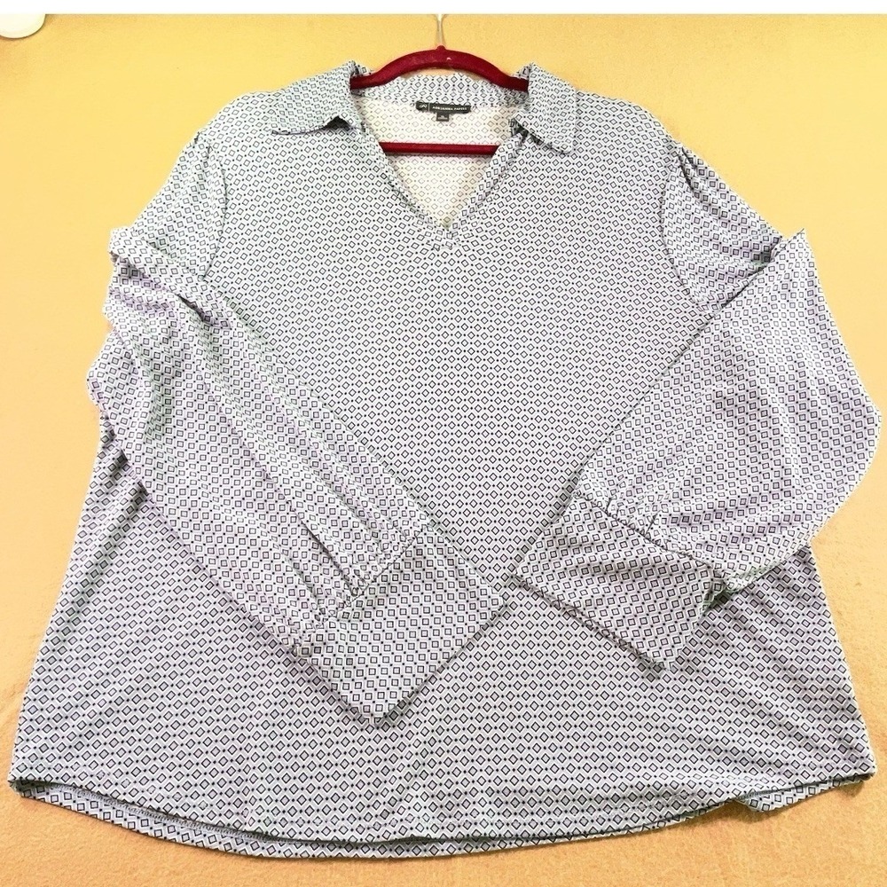 Adrianna Papell XL Blue Geometric Diamond Print V-Neck Blouse Long Sleeve Top